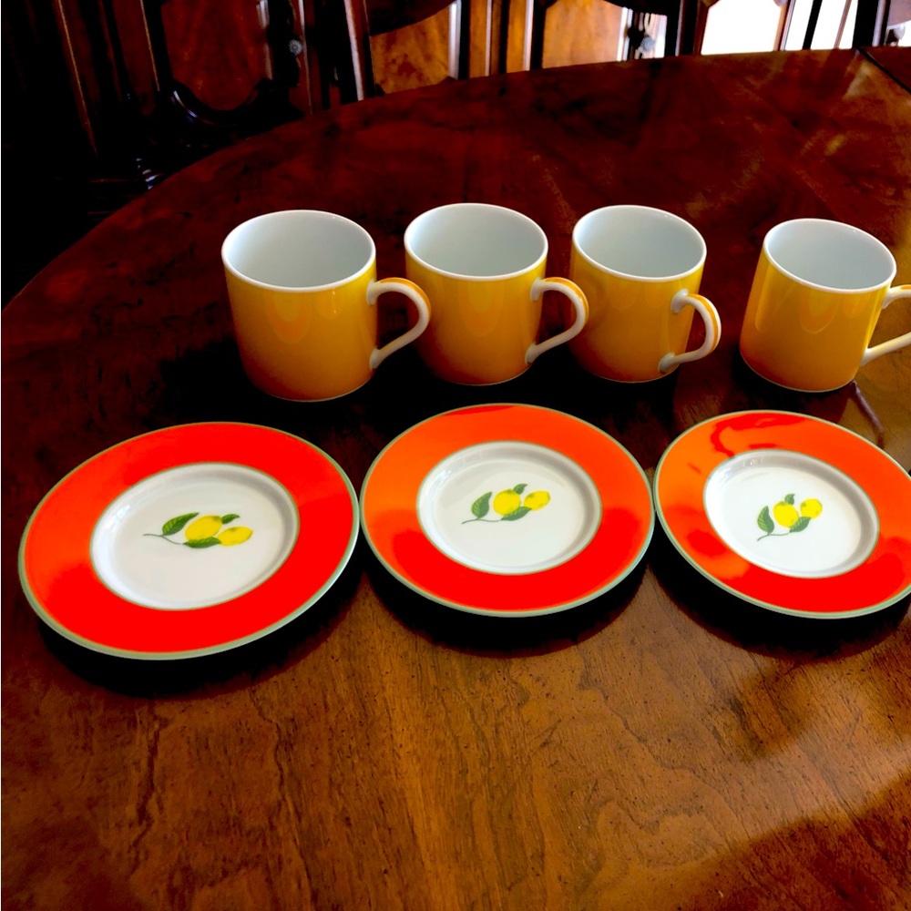 Lynn Chase Yellow Ceramic cups  (4) and Lemon Accent Saucers (4).